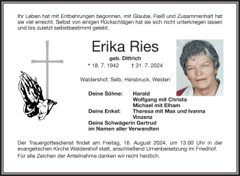 Traueranzeige von Erika Ries von Frankenpost