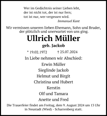 Traueranzeige von Ullrich Müller von Südthüringer Presse