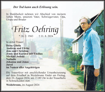 Traueranzeige von Fritz Oehring von Südthüringer Presse