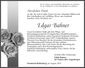 Traueranzeige von Edgar Bahner von Südthüringer Presse