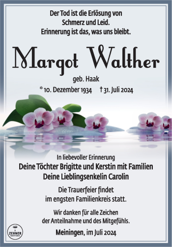 Traueranzeige von Margot Walther von Südthüringer Presse