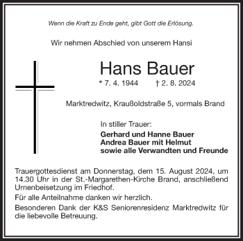 Traueranzeige von Hans Bauer von Frankenpost