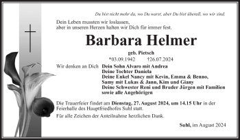 Traueranzeige von Barbara Helmer von Südthüringer Presse