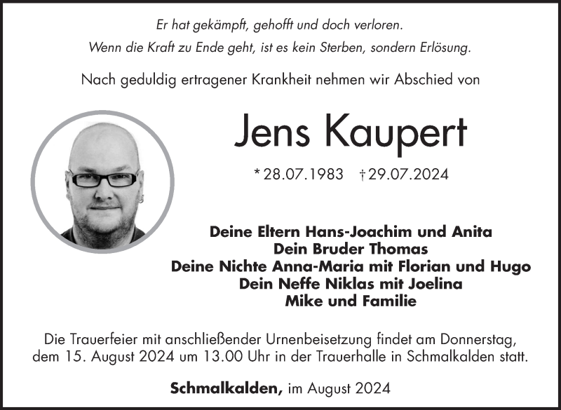  Traueranzeige für Jens Kaupert vom 09.08.2024 aus Südthüringer Presse