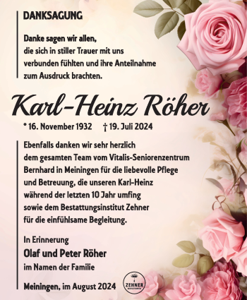 Traueranzeige von Karl-Heinz Röher von Südthüringer Presse