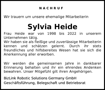 Traueranzeige von Sylvia Heide von Südthüringer Presse