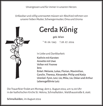 Traueranzeige von Gerda König von Südthüringer Presse