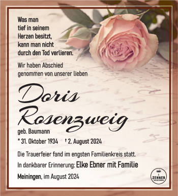 Traueranzeige von Doris Rosenzweig von Südthüringer Presse