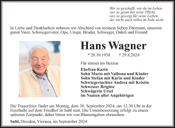 Traueranzeige von Hans Wagner von Südthüringer Presse