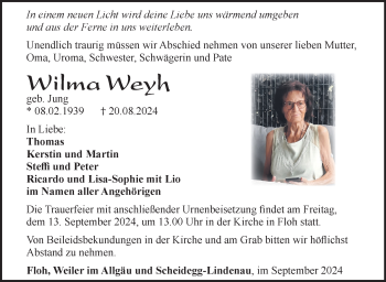 Traueranzeige von Wilma Weyh von Südthüringer Presse