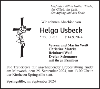 Traueranzeige von Helga Usbeck von Südthüringer Presse