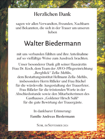 Traueranzeige von Walter Biedermann von Südthüringer Presse