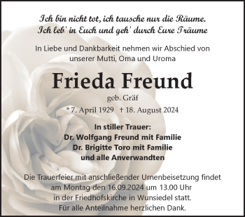 Traueranzeige von Frieda Freund von Frankenpost