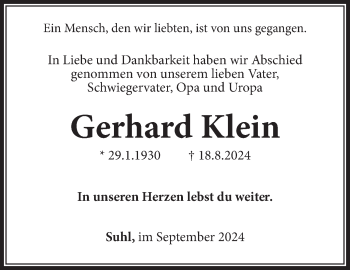 Traueranzeige von Gerhard Klein von Südthüringer Presse