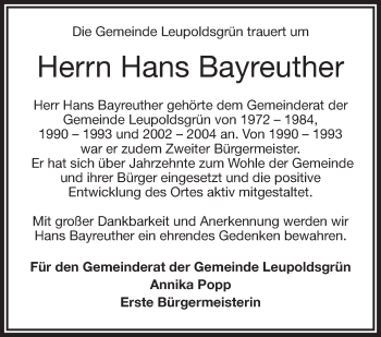 Traueranzeige von Hans Bayreuther von Frankenpost