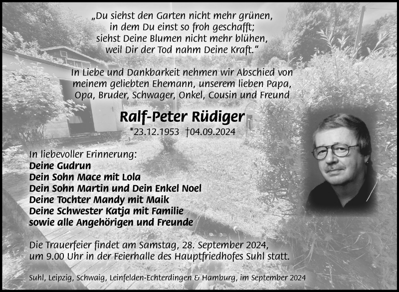  Traueranzeige für Ralf-Peter Rüdiger vom 14.09.2024 aus Südthüringer Presse