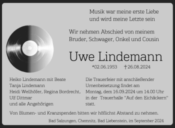 Traueranzeige von Uwe Lindemann von Südthüringer Presse