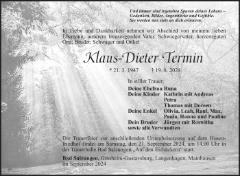 Traueranzeige von Klaus-Dieter Termin von Südthüringer Presse