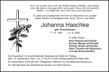 Traueranzeige von Johanna Haschke von Frankenpost