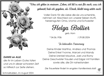 Traueranzeige von Helga Bollier von Südthüringer Presse