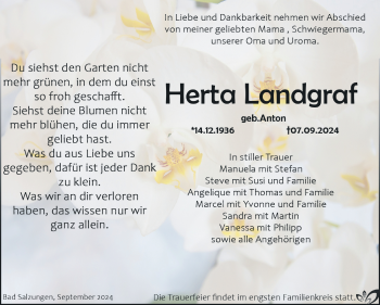 Traueranzeige von Herta Landgraf von Südthüringer Presse