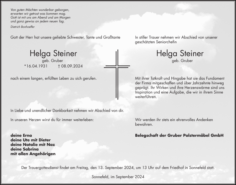  Traueranzeige für Helga Steiner vom 11.09.2024 aus Neue Presse Coburg