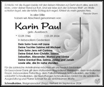 Traueranzeige von Karin Paul von Südthüringer Presse