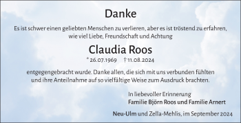 Traueranzeige von Claudia Roos von Südthüringer Presse