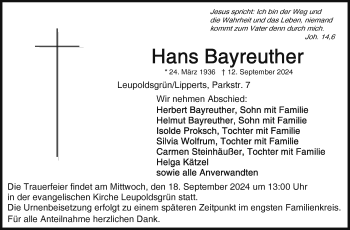 Traueranzeige von Hans Bayreuther von Frankenpost