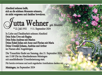 Traueranzeige von Jutta Wehner von Südthüringer Presse