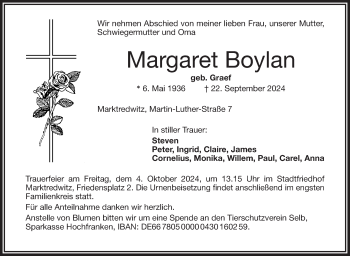 Traueranzeige von Margaret Boylan von Frankenpost