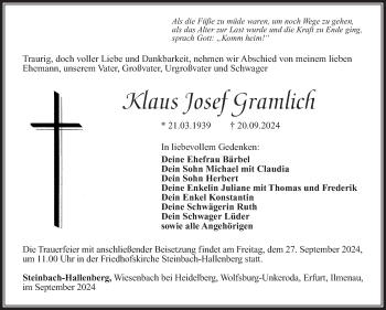 Traueranzeige von Klaus Josef Gramlich von Südthüringer Presse