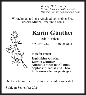 Traueranzeige von Karin Günther von Südthüringer Presse