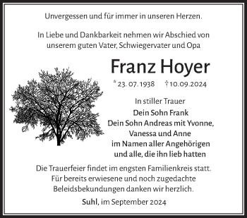 Traueranzeige von Franz Hoyer von Südthüringer Presse