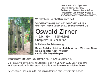 Traueranzeige von Oswald Zirner von Frankenpost