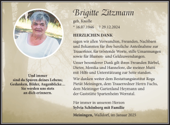 Traueranzeige von Brigitte Zitzmann von Südthüringer Presse