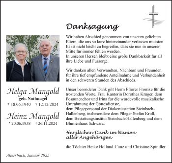 Traueranzeige von Heinz u. Helga Mangold von Südthüringer Presse