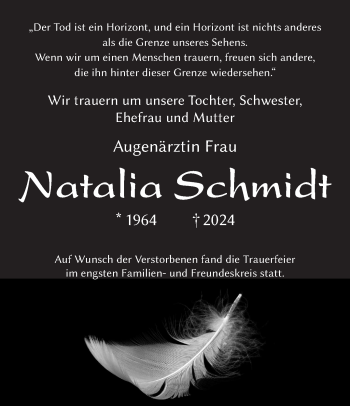 Traueranzeige von Natalia Schmidt von Südthüringer Presse