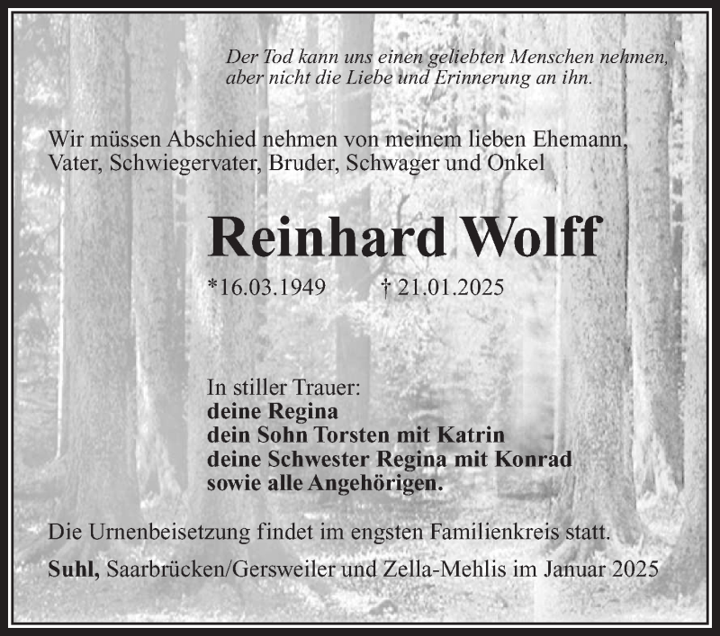  Traueranzeige für Reinhard Wolf vom 25.01.2025 aus Südthüringer Presse