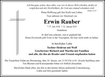 Traueranzeige von Erwin Rauber von Frankenpost