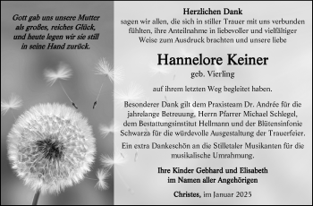 Traueranzeige von Hannelore Keiner von Südthüringer Presse