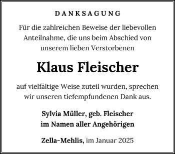 Traueranzeige von Klaus Fleischer von Südthüringer Presse