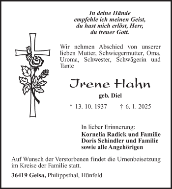 Traueranzeige von Irene Hahn von Südthüringer Presse