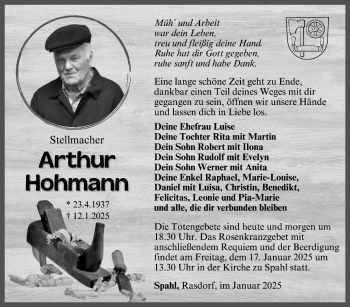 Traueranzeige von Arthur Hohmann von Südthüringer Presse