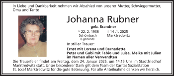 Traueranzeige von Johanna Rubner von Frankenpost