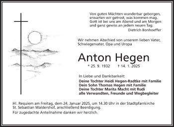 Traueranzeige von Anton Hegen von Frankenpost