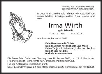 Traueranzeige von Irma Wirth von Frankenpost