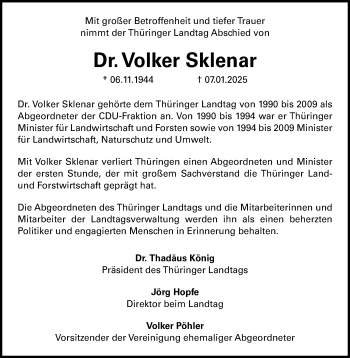 Traueranzeige von Volker Sklenar von Südthüringer Presse