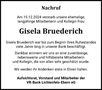 Traueranzeige von Gisela Brüderich von Südthüringer Presse