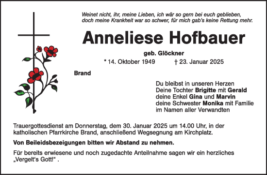 Traueranzeige von Anneliese Hofbauer von Frankenpost